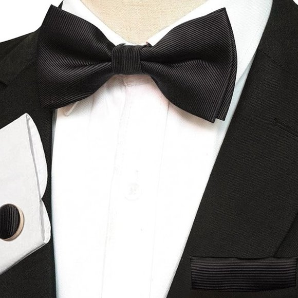Mens 5 Piece Tie + Bow Tie + Pocket Square + Cufflinks + Clip Black - Picture 5 of 5